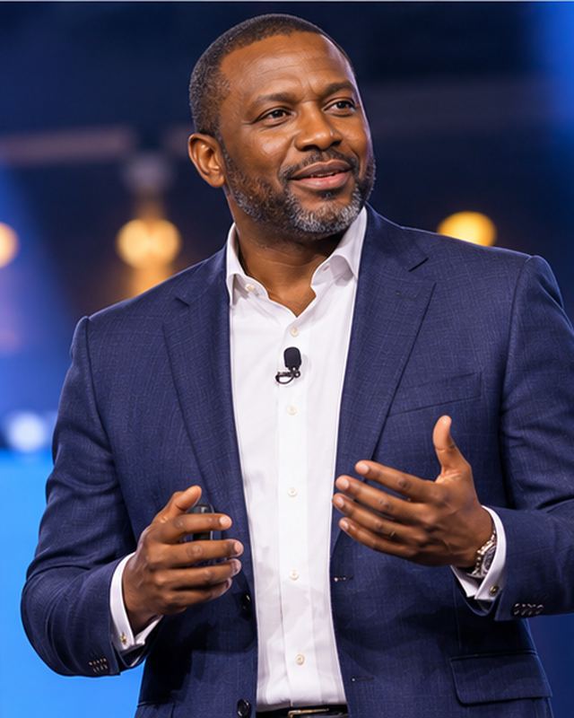 The Keynote Speaker, a confident Nigerian man in a smart jacket on stage