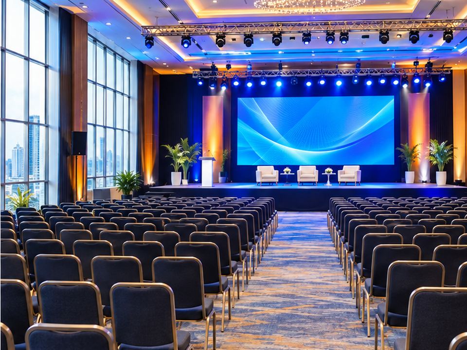 A modern conference hall in Nigeria set with rows of chairs facing a lit stage